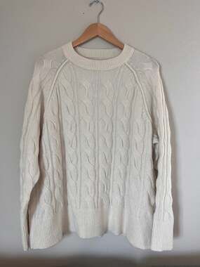 Aerie, Women's Cream Cable Knit Preppy Crewneck Pullover Sweater, Size Small